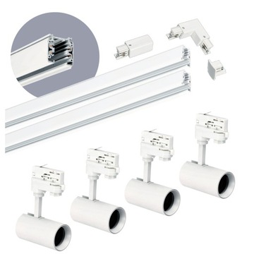 Zestaw szynowy 3 fazowy szyna 1m+1m, 4x Lampa, łącznik L BIAŁY komplet
