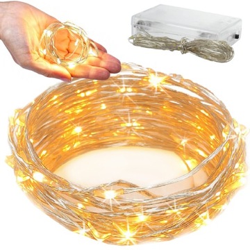 LAMPKI DRUCIKI 100 LED NA BATERIE BIAŁE CIEPŁE 10M