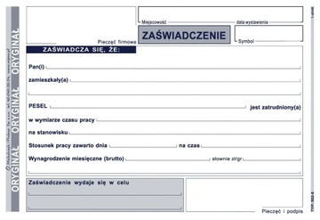ZAŚWIADCZENIE O ZATRUDNIENIU WYNAGRODZENIU A6