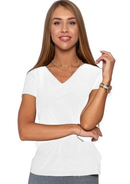 T-Shirt Koszulka Damska Bawełniana w Serek Na Krótki Rękaw Biała MORAJ XL