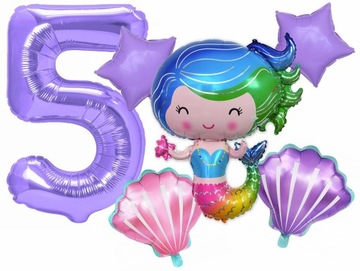 6 BALONÓW BALON FOLIOWY MUSZLA GWIAZDA cyfra 5 pięć piąte URODZINY SYRENKA