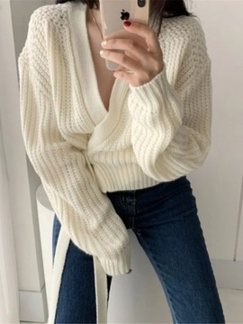 Sweter damski Moda V-neck sznurowane sweter kobiet sweter dziergany koreańs
