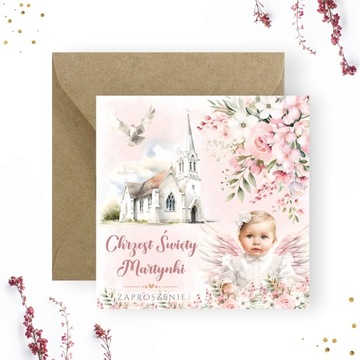 ZAPROSZENIA NA CHRZEST DLA DZIEWCZYNKI + IMIĘ + KOPERTA ANIOŁEK DZIDZIUŚ