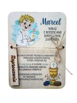 Zaproszenie na komunię grawerowane drewniane eko