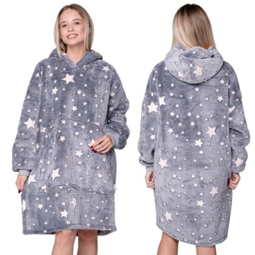 KOC BLUZA Oversize Gruba KOCOBLUZA 2w1 XXL Wzór GWIAZDKI Futrzak z Kapturem
