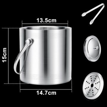 ВЕДРО ДЛЯ ЛЬДА ОХЛАДИТЕЛЬ ТЕРМАЛЬНЫЙ охлаждающий контейнер СЕРЕБРЯНЫЙ + щипцы