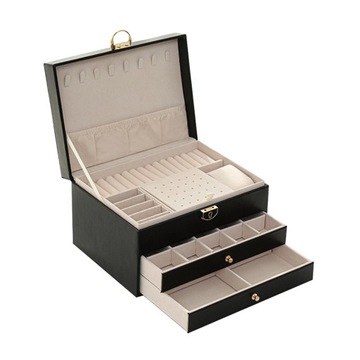 Layer Jewelry Organizer with Drawer, Leather, with Lock Vintage Box Black