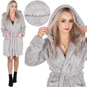 SZLAFROK DAMSKI CIEPŁY Z KAPTUREM R.S/M WIĄZANY W TALII GRUBY DŁUGI MIĘKKI