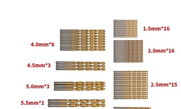 Набор из 50 сверл с прямым хвостовиком из стали с титановым покрытием.