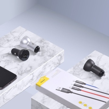 АВТОМОБИЛЬНОЕ ЗАРЯДНОЕ УСТРОЙСТВО BASEUS USB-A БЛОК ПИТАНИЯ 24ВТ 5В/4,8А С КАБЕЛЕМ 3-В-1 ДЛИНОЙ 1,2М