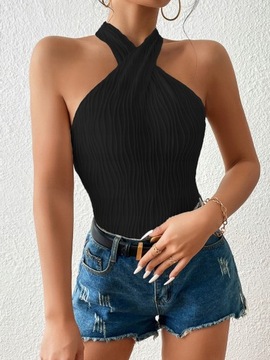 BODY TEKSTUROWANE NA RAMIĄCZKACH HALTER FIGI CZARNE CASUAL SHEIN M 38