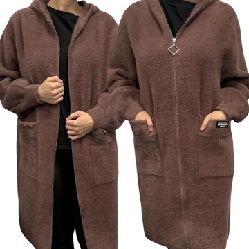 ALPAKA DAMSKA PŁASZCZ KURTKA SWETER MODNA CIEPŁA DŁUGA KAPTUR MOKKA 2186