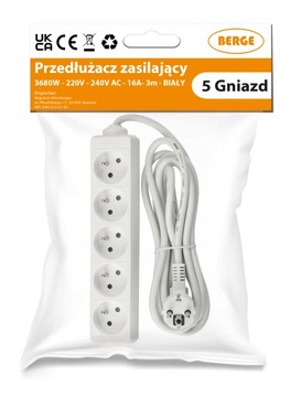 Przedłużacz Listwa Zasilająca 5 Gniazd 3m 3*1,5 mm2 16A 3680W Biały