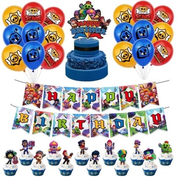 BALONY BRAWL STARS BANER TOPPER URODZINY Z DEKORACJE NA TORT ZESTAW 46el