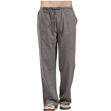 Lniane spodnie męskie proste oddychający materiał stylowe w kolorze khaki