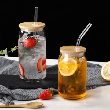 4*МНОГОФУНКЦИОНАЛЬНЫЙ НАБОР СТЕКЛЯННЫХ КРУЖЕК ДЛЯ СОКА С КРЫШКОЙ И СОЛОМОЧКОЙ 500 МЛ