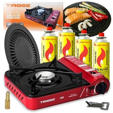 KUCHENKA TURYSTYCZNA GAZOWA PRZENOŚNA z GRILLEM + 4x KARTUSZ TIROSS TS-262