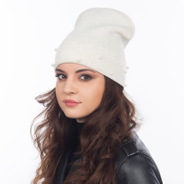 ECRU CZAPKA DAMSKA BEANIE FUTRZANA JESIENNO ZIMOWA POLSKA MARKA MAJKA