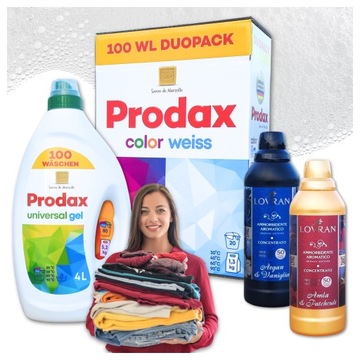 ZESTAW DO PRANIA PRODAX 100prań PROSZEK 6,5kg Żel 4l 2x Płyn do płukania