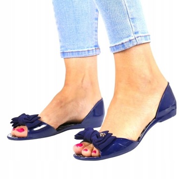 GRANATOWE BUTY DAMSKIE MELISKI Z KOKARDĄ BALERINY GUMOWE WYCIĘTE OPEN TOE
