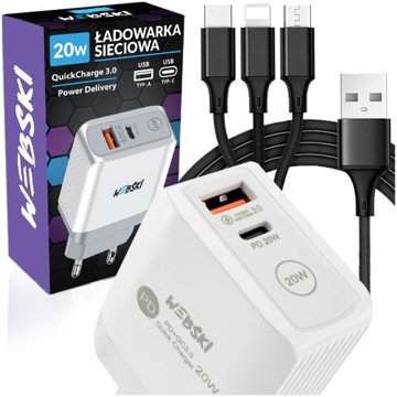SZYBKA ŁADOWARKA DO WSZYSTKICH TELEFONÓW+KABEL 3w1
