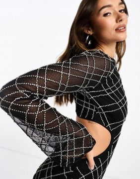 Asos Design NG7 jjs czarna maxi sukienka wycięcia zdobienie połysk M