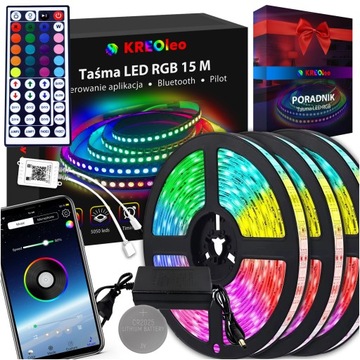 TAŚMA LED RGB KOLOROWA 15M BLUETOOTH PASEK STEROWANIE APLIKACJĄ PILOT LEDY