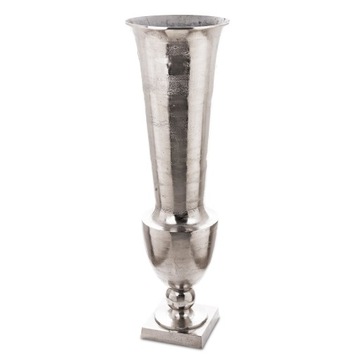 Srebrny metalowy wysoki wazon na nóżce donica osłonka