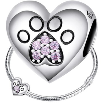 CHARMS SERCE ŁAPKA PSA srebro 925 koralik srebrny zawieszka łapa pies 925