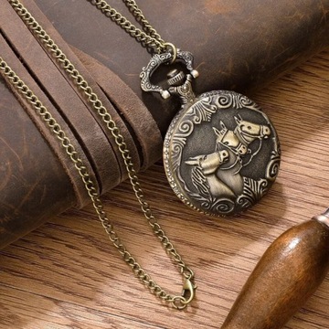Kieszonkowy Zegarek Brąz Klasyczny Otwierany 3 Konie - Vintage na Łańcuszku