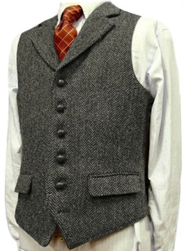 Mens Suit Brown Vest Lapel Wool Herringbone Retro