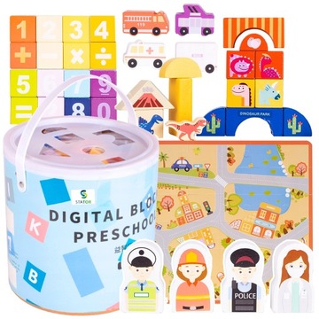 Klocki DREWNIANE Sorter Miasto Policja ZOO Park Dinozaurów Akwarium 184 el.