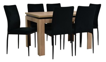 komplet 6 krzeseł czarny AKSAMIT i nowoczesny stół DĄB SONOMA 80x120/160 cm
