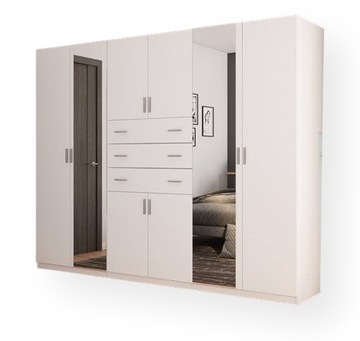 Szafa biała z lustrem 225 cm otwierana 3 szuflady