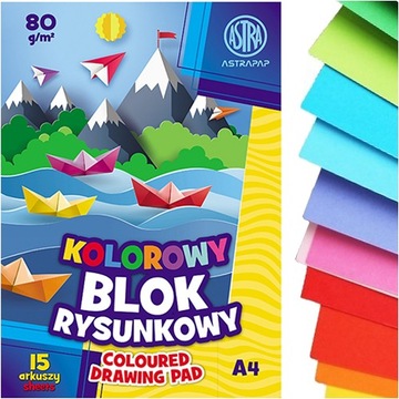 BLOK RYSUNKOWY KOLOROWY ASTRA A4 15 KARTEK 80g SZKOLNY PLASTYKA