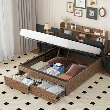 ŁÓŻKO METALOWE HYDRAULICZNE PODWÓJNE 140 X 200 CM ZE SCHOWKIEM, CZARNE