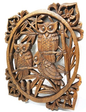 Płaskorzeźba SOWA z Drewna ORNAMENT Rękodzieło