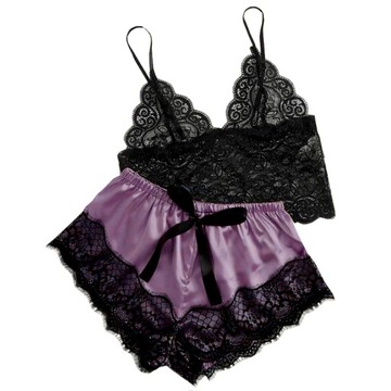 SEXY PIŻAMKA BIELIZNA TOP KORONKA SPODENKI SATYNA