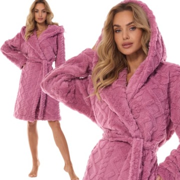 L&L KRÓTKI CIEPŁY SZLAFROK W WYTŁACZANE WZORY WIŚNIA L