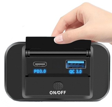 Gniazdo samochodowe montażowe 12V 24V USB PD QC3.0 LED ON OFF Niebieski