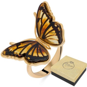 Złoty Pierścionek Damski Z Bursztynem Srebrny Pozłacany Regulowany Motyl