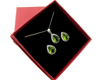 Komplet Biżuterii Srebrnej 925 Zestaw Kolczyki i Naszyjnik Zielony Oliwkowy
