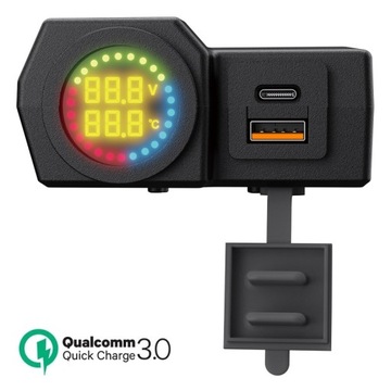 Ładowarka motocyklowa USB + USB-C QC3.0 Woltomierz