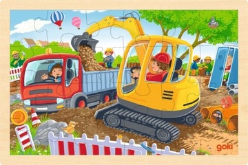 Drewniane Puzzle Koparka Ciężarówka Plac Budowy 24 elementy Goki 3+