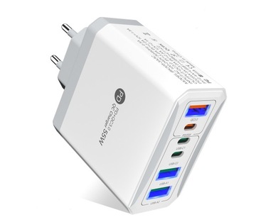 MOCNA SZYBKA UNIWERSALNA ŁADOWARKA SIECIOWA 55W PD+QC 3.0 USB x3 + USB-C x3