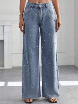 Shein pjh nogawki spodnie jeans perełki szerokie zdobienie 27 NI3