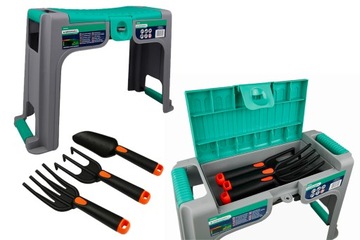 KRZESEŁKO DO PLEWIENIA pielenia PODKŁADKA klęcznik SCHOWEK +NARZĘDZIA 3 szt