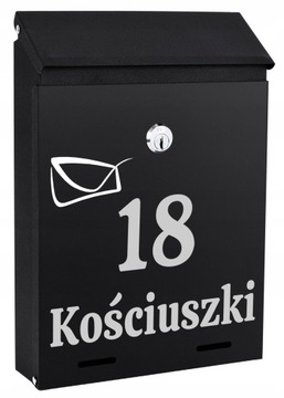 SKRZYNKA POCZTOWA NA LISTY POCZTĘ Z NUMEREM DOMU NAZWĄ ULICY NAPIS CZARNA