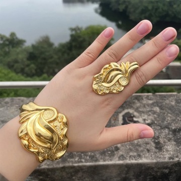 Luxury Dubai Gold Plated Bracelet Ring Copper Cuff Flower Bangle Italy Fran
