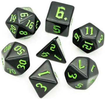 Zestaw 7 Kości Czarne Zielony Nadruk D4-20 K20 RPG D&D BG3 MTG Planszowa